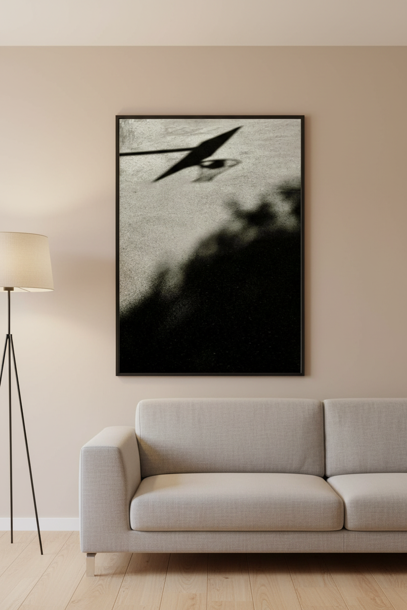 Lifestyle mockup of basketball shadow wall art print in a modern living room with warm beige wall
